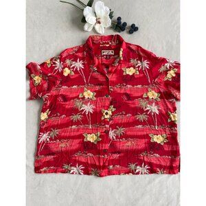 Caribbean Joe Womens 3X Red Hawaiian Button-Up Shirt With Tropical Floral Print